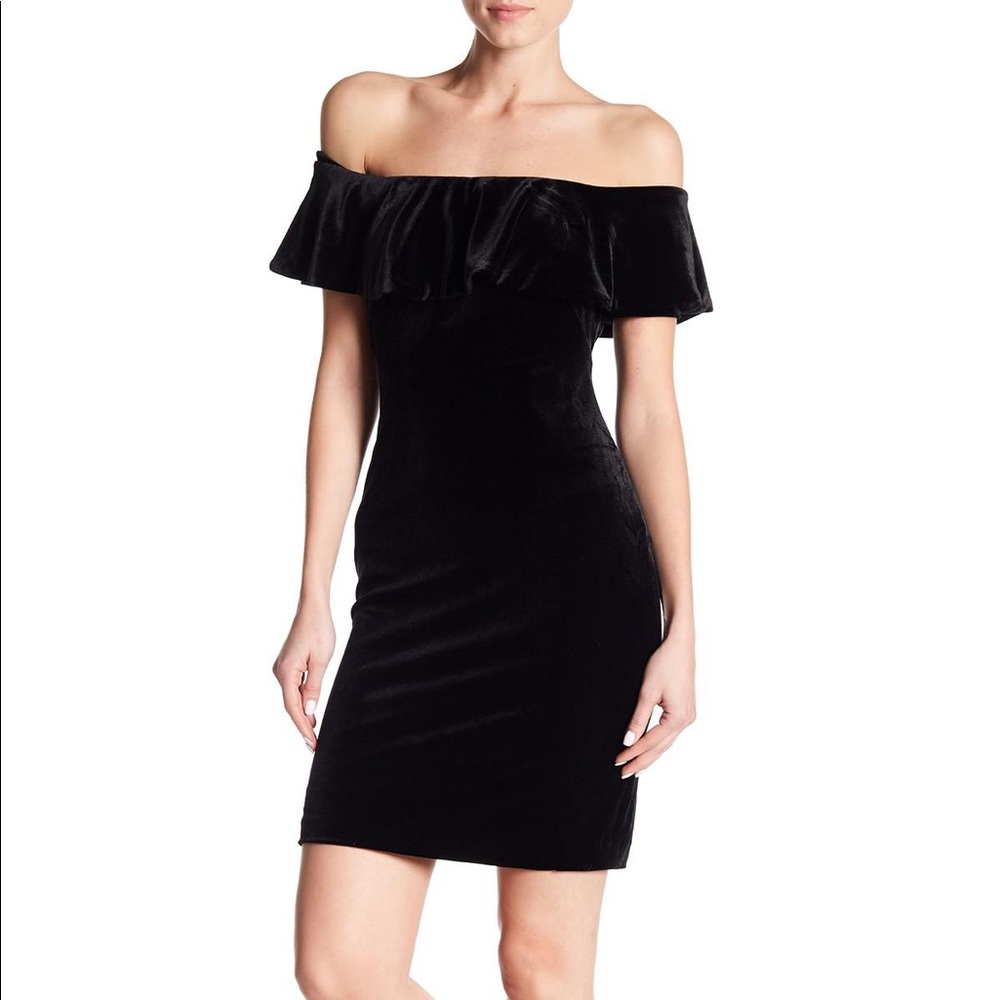 Eliza J Black Velvet Ruffled Off Shoulder Dress 4 LBD NWT